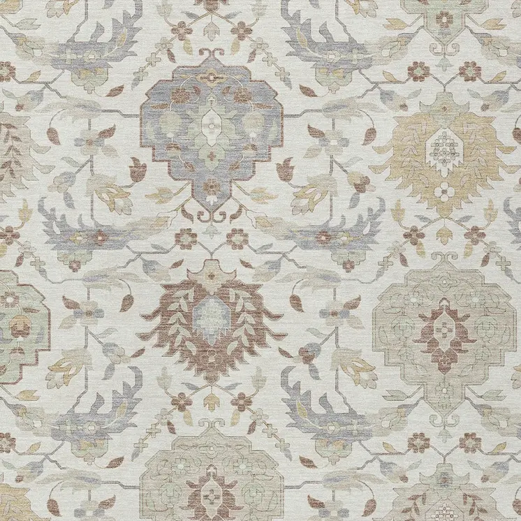 9' X 12' Ivory Brown And Gray Damask Washable Indoor Outdoor Area Rug
