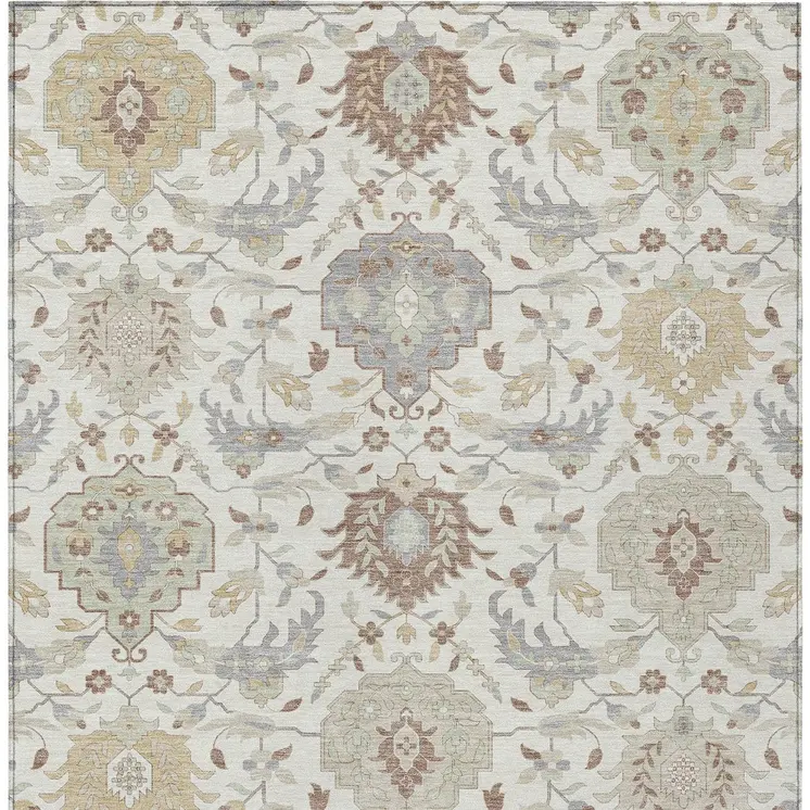 10' X 14' Ivory Brown And Gray Damask Washable Indoor Outdoor Area Rug