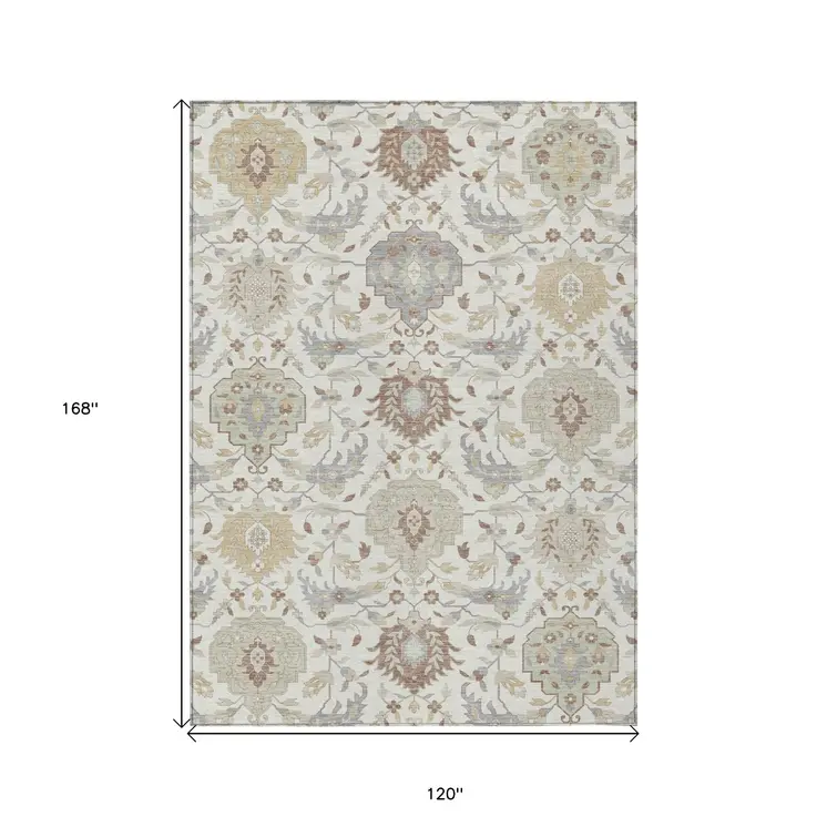 10' X 14' Ivory Brown And Gray Damask Washable Indoor Outdoor Area Rug