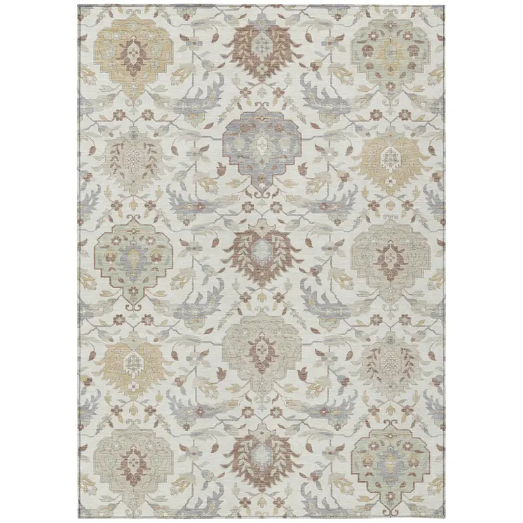 10' X 14' Ivory Brown And Gray Damask Washable Indoor Outdoor Area Rug