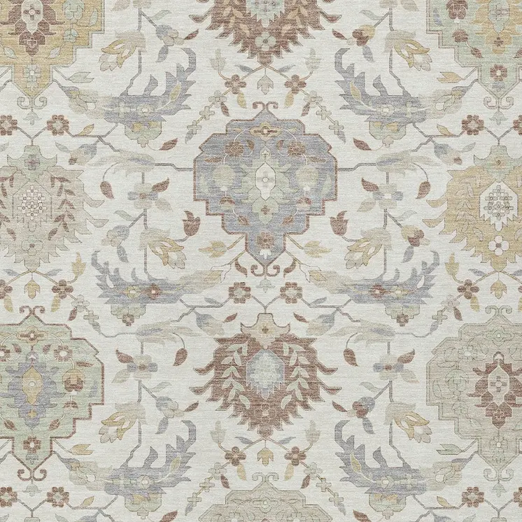 10' X 14' Ivory Brown And Gray Damask Washable Indoor Outdoor Area Rug