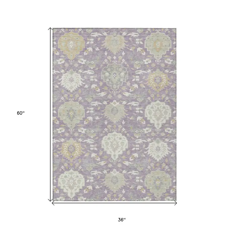 3' X 5' Lavender Gold And Green Damask Washable Indoor Outdoor Area Rug