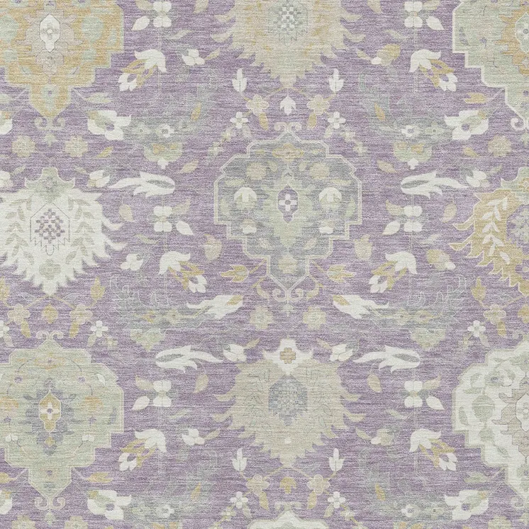 3' X 5' Lavender Gold And Green Damask Washable Indoor Outdoor Area Rug