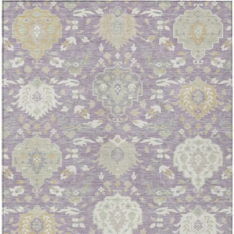 8' X 10' Lavender Gold And Green Damask Washable Indoor Outdoor Area Rug