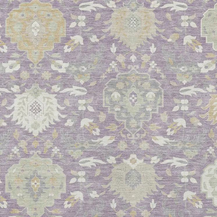 8' X 10' Lavender Gold And Green Damask Washable Indoor Outdoor Area Rug