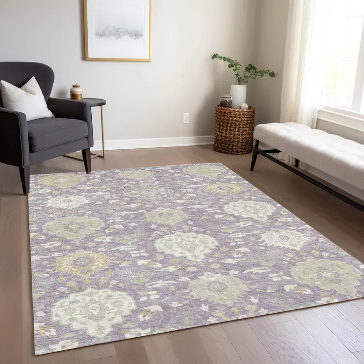 8' X 10' Lavender Gold And Green Damask Washable Indoor Outdoor Area Rug