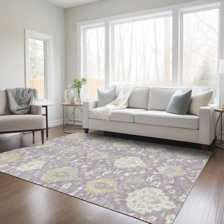 8' X 10' Lavender Gold And Green Damask Washable Indoor Outdoor Area Rug