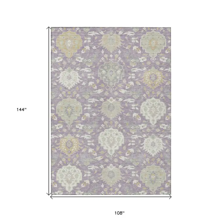 9' X 12' Lavender Gold And Green Damask Washable Indoor Outdoor Area Rug