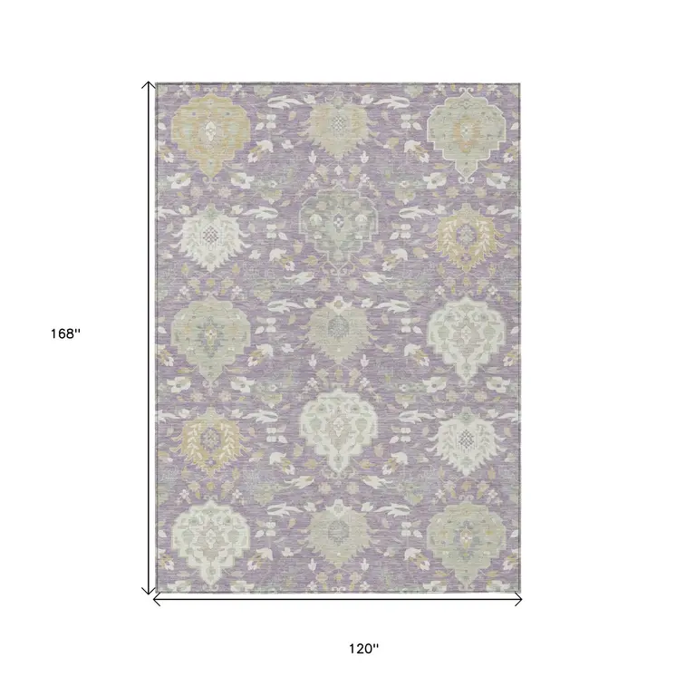 10' X 14' Lavender Gold And Green Damask Washable Indoor Outdoor Area Rug