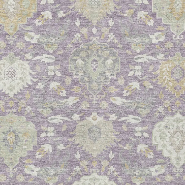 10' X 14' Lavender Gold And Green Damask Washable Indoor Outdoor Area Rug