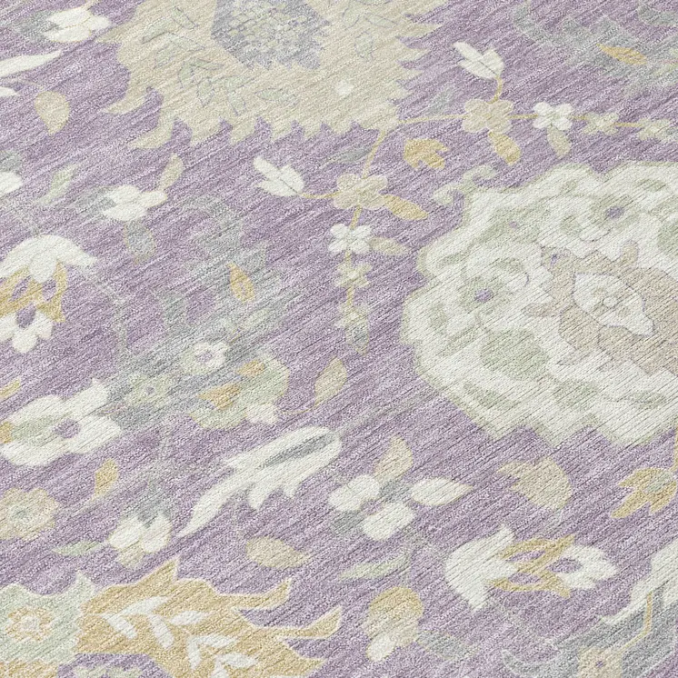 10' X 14' Lavender Gold And Green Damask Washable Indoor Outdoor Area Rug