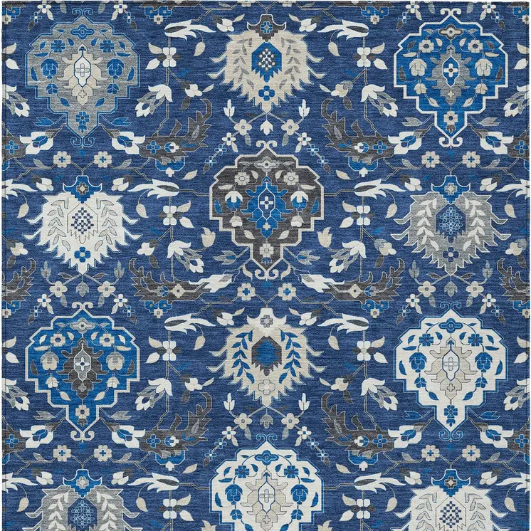 3' X 5' Navy Blue Charcoal And Ivory Damask Washable Indoor Outdoor Area Rug