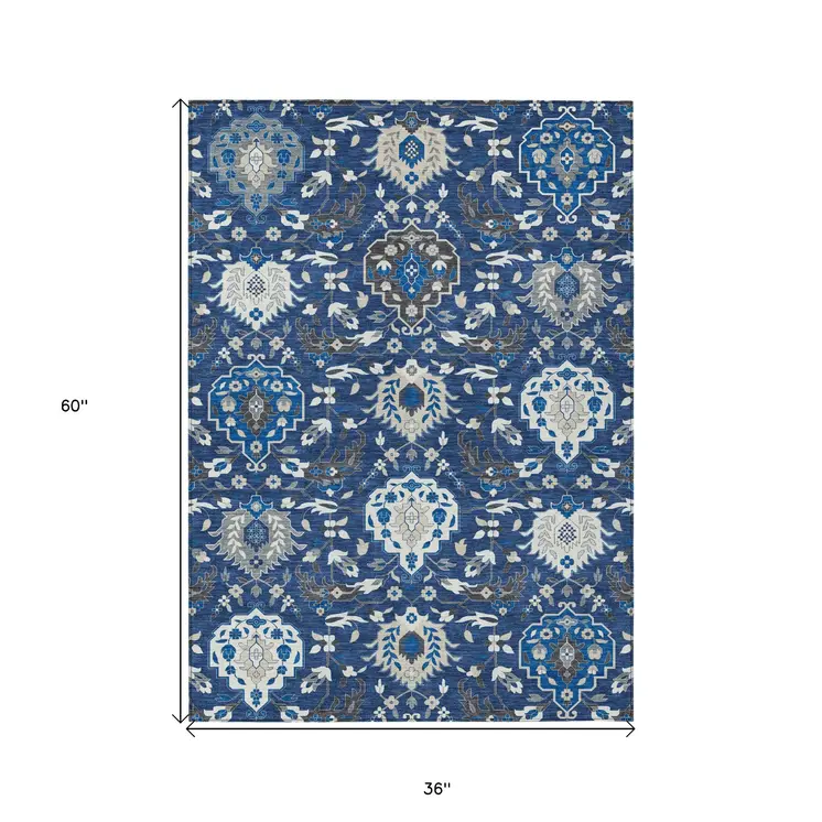 3' X 5' Navy Blue Charcoal And Ivory Damask Washable Indoor Outdoor Area Rug