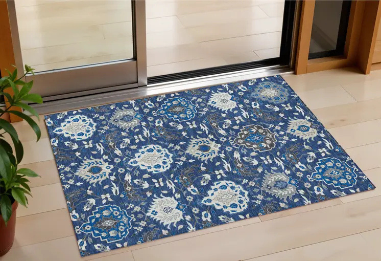 3' X 5' Navy Blue Charcoal And Ivory Damask Washable Indoor Outdoor Area Rug