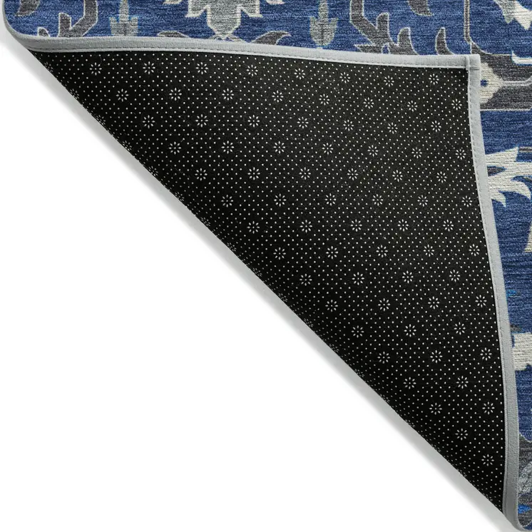 3' X 5' Navy Blue Charcoal And Ivory Damask Washable Indoor Outdoor Area Rug