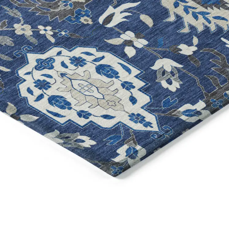 3' X 5' Navy Blue Charcoal And Ivory Damask Washable Indoor Outdoor Area Rug