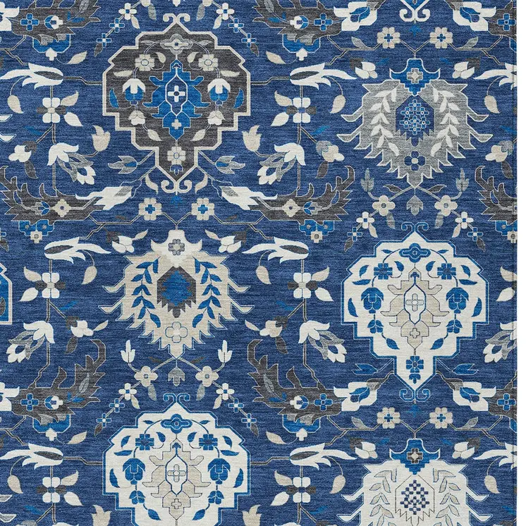 3' X 5' Navy Blue Charcoal And Ivory Damask Washable Indoor Outdoor Area Rug