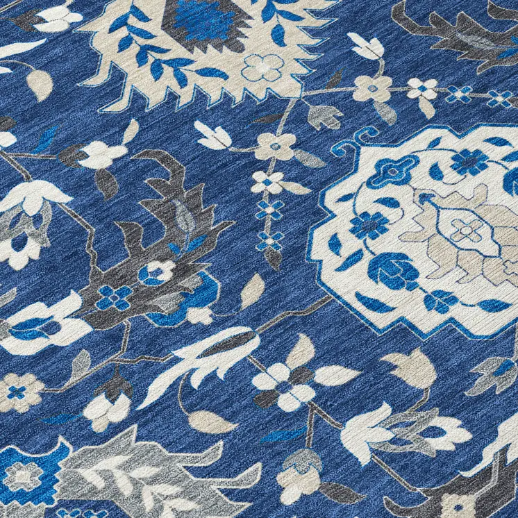 3' X 5' Navy Blue Charcoal And Ivory Damask Washable Indoor Outdoor Area Rug
