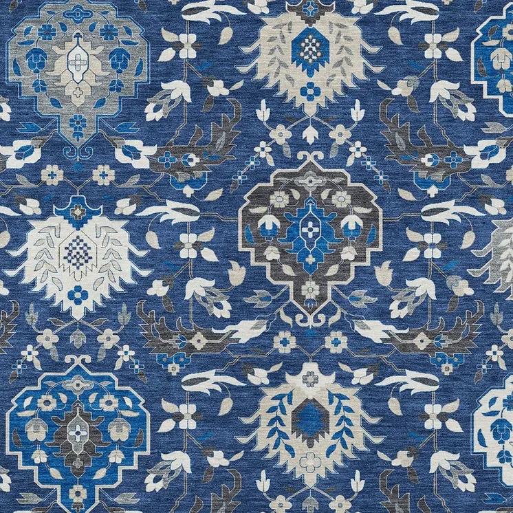 5' X 8' Navy Blue Charcoal And Ivory Damask Washable Indoor Outdoor Area Rug