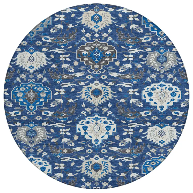 8' Navy Blue Charcoal And Ivory Round Damask Washable Indoor Outdoor Area Rug