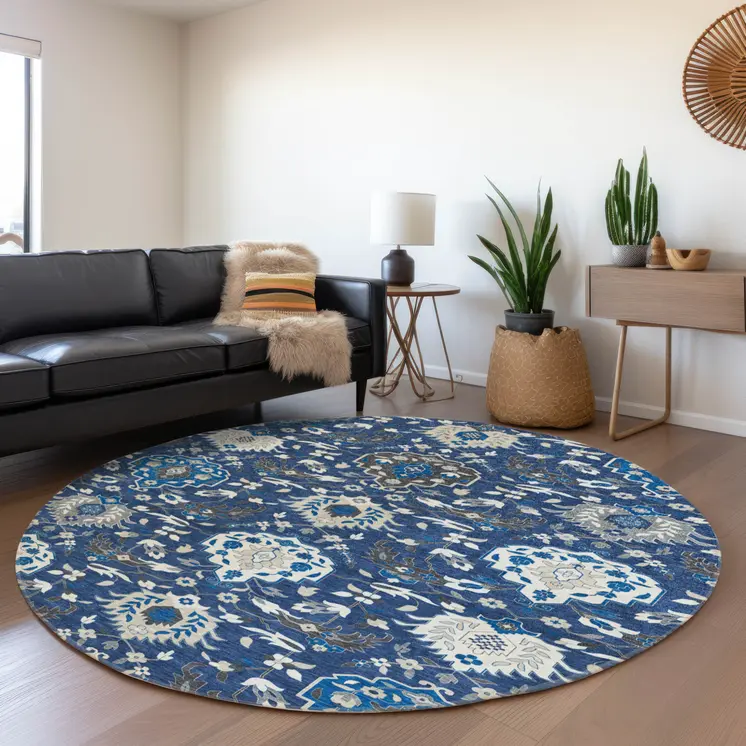 8' Navy Blue Charcoal And Ivory Round Damask Washable Indoor Outdoor Area Rug