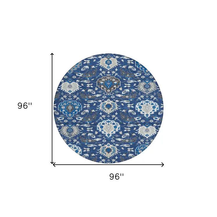 8' Navy Blue Charcoal And Ivory Round Damask Washable Indoor Outdoor Area Rug