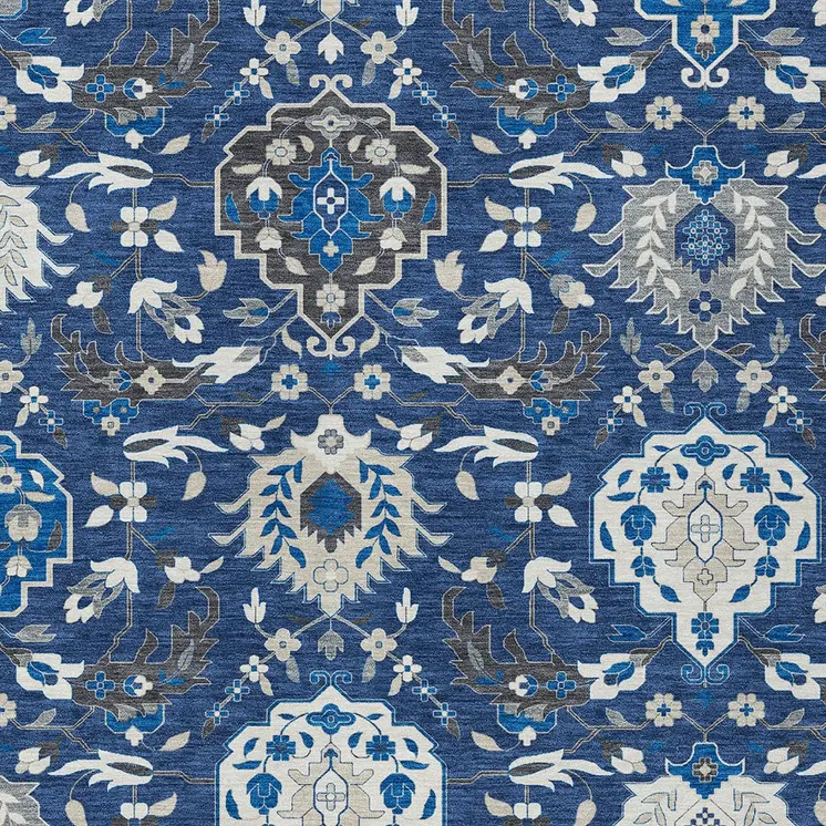 8' X 10' Navy Blue Charcoal And Ivory Damask Washable Indoor Outdoor Area Rug
