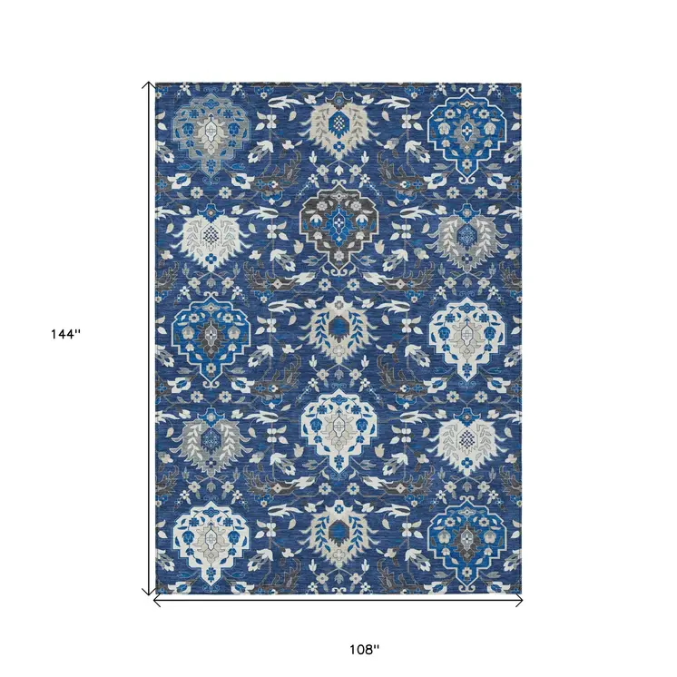 9' X 12' Navy Blue Charcoal And Ivory Damask Washable Indoor Outdoor Area Rug