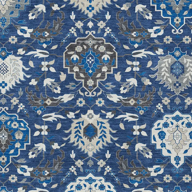 9' X 12' Navy Blue Charcoal And Ivory Damask Washable Indoor Outdoor Area Rug