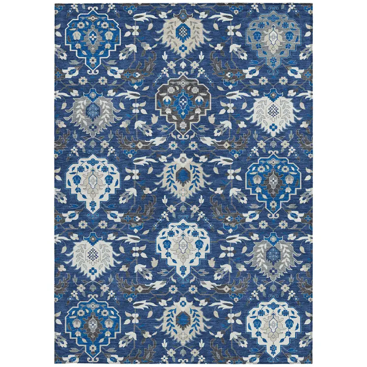 10' X 14' Navy Blue Charcoal And Ivory Damask Washable Indoor Outdoor Area Rug