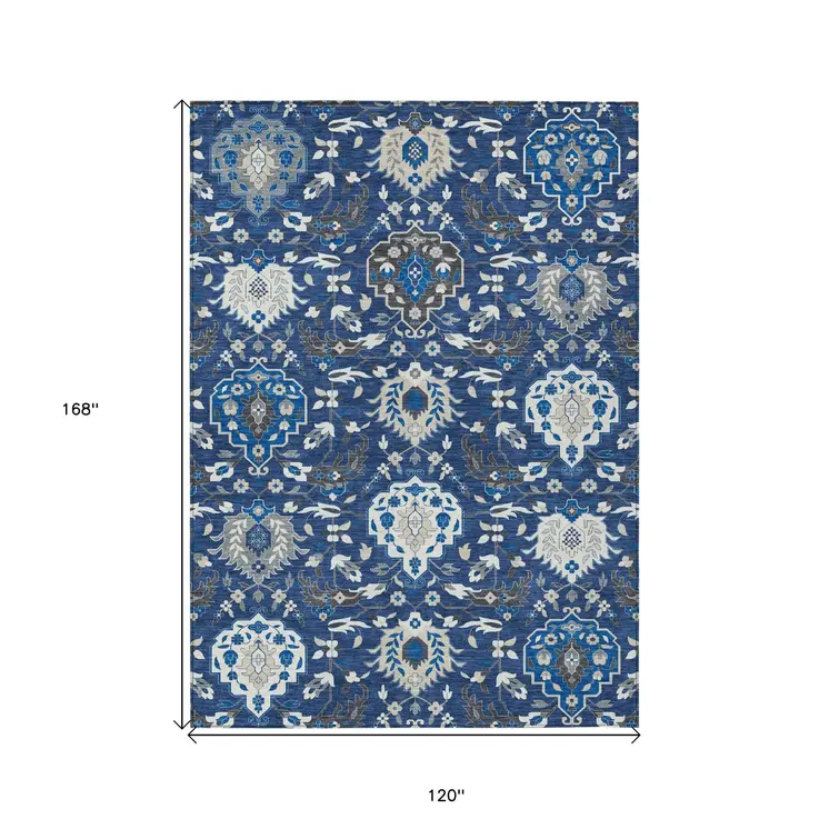 10' X 14' Navy Blue Charcoal And Ivory Damask Washable Indoor Outdoor Area Rug