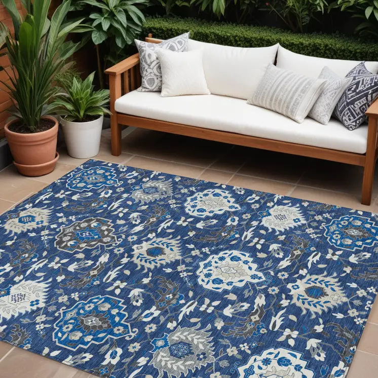 10' X 14' Navy Blue Charcoal And Ivory Damask Washable Indoor Outdoor Area Rug
