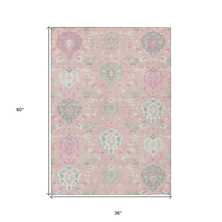 3' X 5' Pink Ivory And Gray Damask Washable Indoor Outdoor Area Rug
