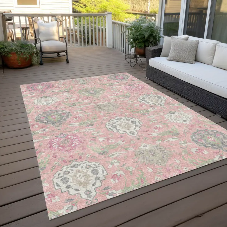3' X 5' Pink Ivory And Gray Damask Washable Indoor Outdoor Area Rug