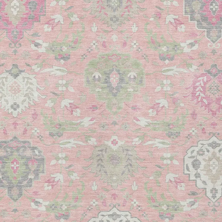 3' X 5' Pink Ivory And Gray Damask Washable Indoor Outdoor Area Rug