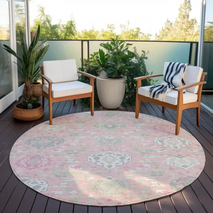8' Pink Ivory And Gray Round Damask Washable Indoor Outdoor Area Rug