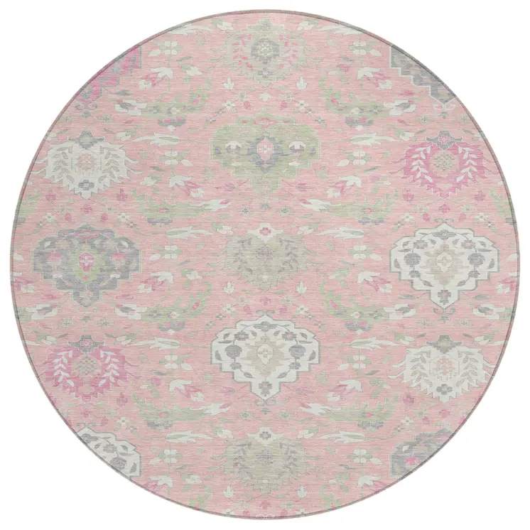 8' Pink Ivory And Gray Round Damask Washable Indoor Outdoor Area Rug