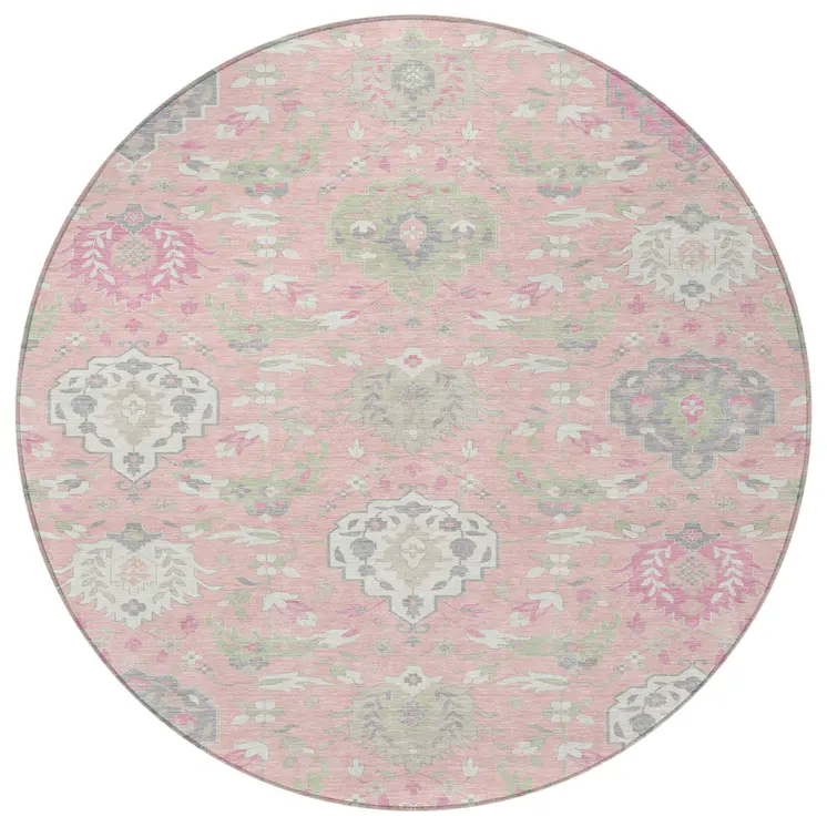 8' Pink Ivory And Gray Round Damask Washable Indoor Outdoor Area Rug