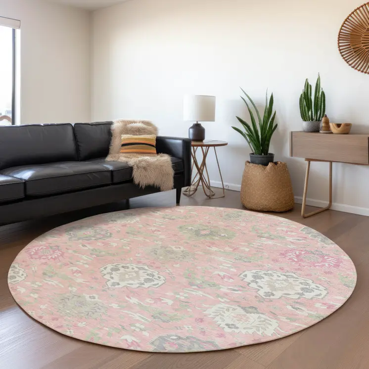 8' Pink Ivory And Gray Round Damask Washable Indoor Outdoor Area Rug