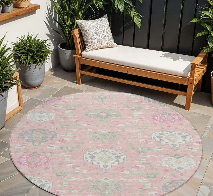 8' Pink Ivory And Gray Round Damask Washable Indoor Outdoor Area Rug
