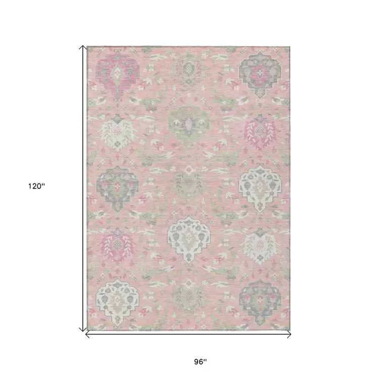 8' X 10' Pink Ivory And Gray Damask Washable Indoor Outdoor Area Rug