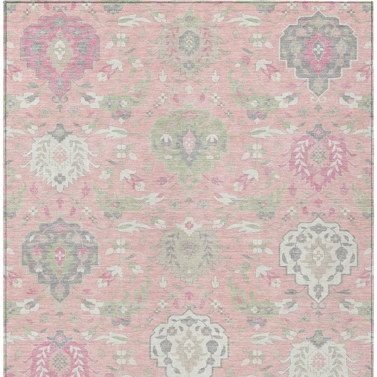 9' X 12' Pink Ivory And Gray Damask Washable Indoor Outdoor Area Rug
