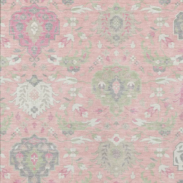 9' X 12' Pink Ivory And Gray Damask Washable Indoor Outdoor Area Rug