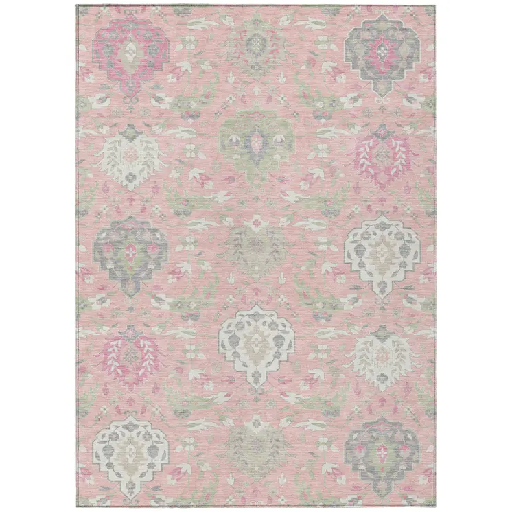 10' X 14' Pink Ivory And Gray Damask Washable Indoor Outdoor Area Rug
