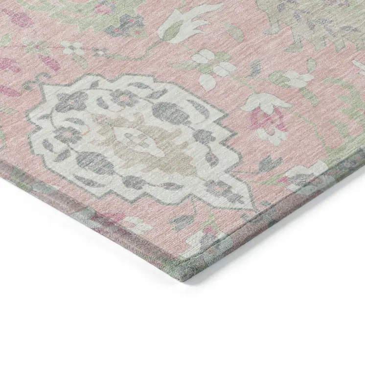 10' X 14' Pink Ivory And Gray Damask Washable Indoor Outdoor Area Rug