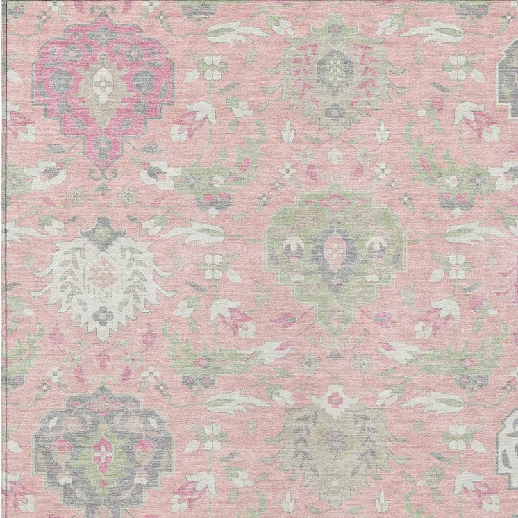 10' X 14' Pink Ivory And Gray Damask Washable Indoor Outdoor Area Rug