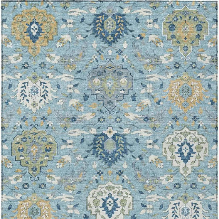 5' X 8' Sky Blue Ivory And Gold Damask Washable Indoor Outdoor Area Rug