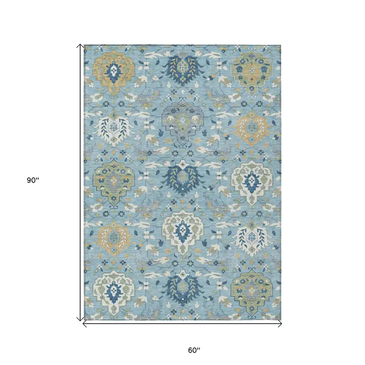 5' X 8' Sky Blue Ivory And Gold Damask Washable Indoor Outdoor Area Rug