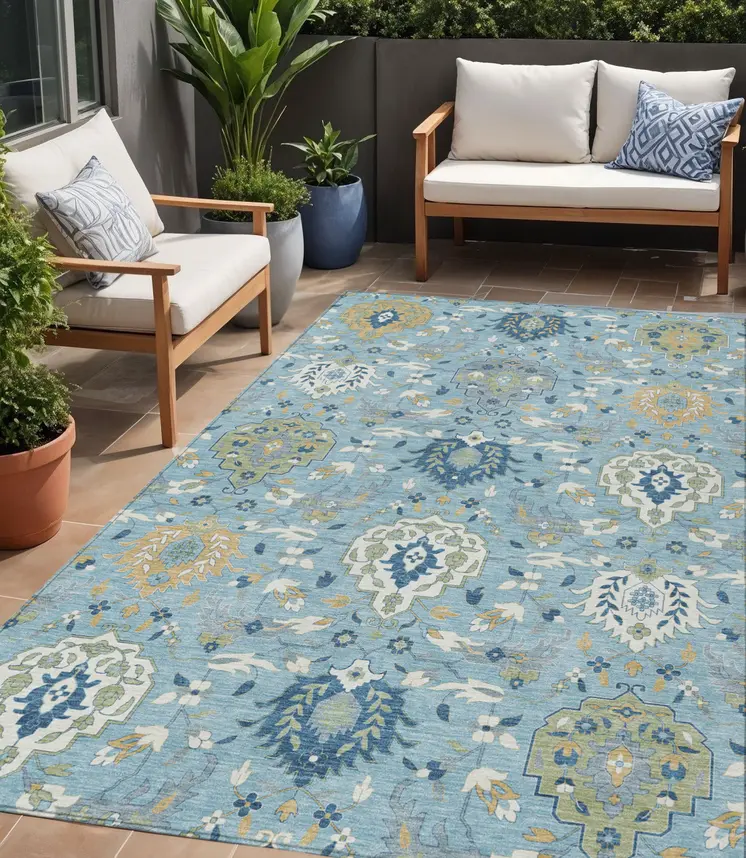 5' X 8' Sky Blue Ivory And Gold Damask Washable Indoor Outdoor Area Rug