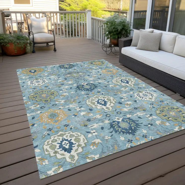 5' X 8' Sky Blue Ivory And Gold Damask Washable Indoor Outdoor Area Rug